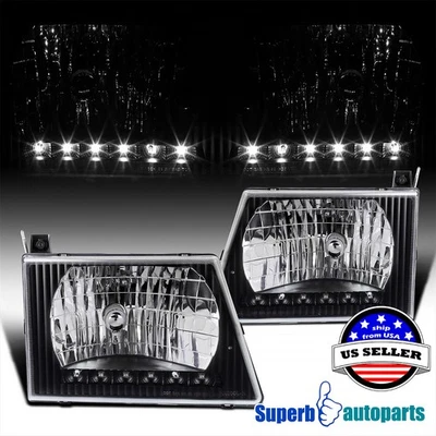 Fits 1992-2006 Ford E150 E250 E350 E450 Econoline Van Black Headlights LED Bar - Image 1 of 4