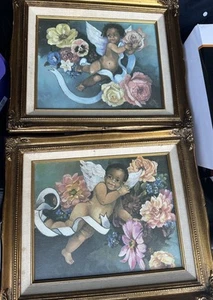 2 pinturas de reproducción de ángeles querubines afroamericanos en marco dorado ornamentado - Imagen 1 de 11