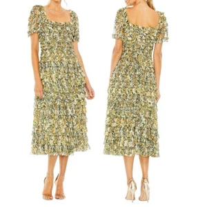 Mac Duggal NWT Multicolor Short Sleeve Micro Ruffle Tea Length Dress Size 18 NEW - Picture 1 of 16