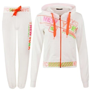 Mujer Nyc New York Chándal con Capucha Top Trotar Pantalón 8 10 12 14 Blanco - Picture 1 of 5