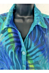 Erin London Lovely Semi-Sheer Blouse LG Colorful blue/grn abstract loose slveeve - Picture 1 of 5