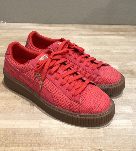 Puma Womens Red Sneakers Sz 11 Shoes Casual 364847 01 Basket Platform Woven