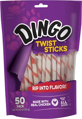 BRANDED Dingo Twist Sticks 50 Count, Premium Rawhide Treats For Dogs Made with Real Chic