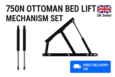 750N Ottoman Storage Bed Lift Kit Hydraulic Gas Struts & Hinges Heavy Duty - Image 1 of 4