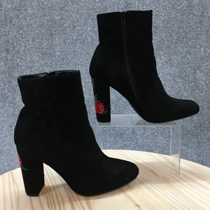 Wild Diva Boots Womens 10 Ankle Booties Black Faux Leather Heeled Rose Print - Picture 1 of 14
