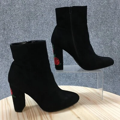 Wild Diva Boots Womens 10 Ankle Booties Black Faux Leather Heeled Rose Print - Image 1 of 4