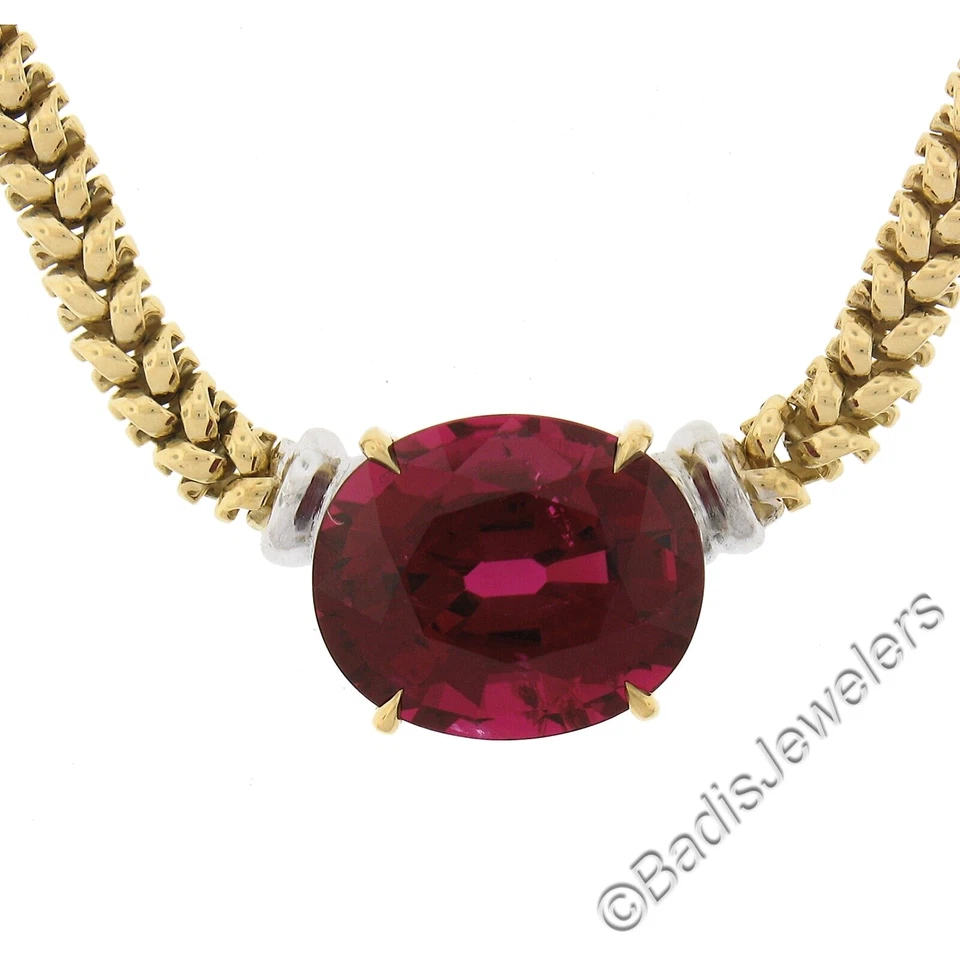 18K Two Tone Gold 12.82ct GIA Large Oval Red Rubellite Tourmaline 16" Necklace - Image 1 of 4