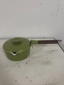 Denmark Cast Iron Enamel Avocado Green Pot with Wood Handle FLAWS - Picture 1 of 8