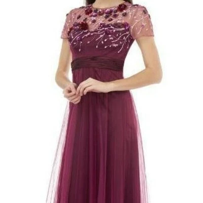 JS Collections Mesh Embellished Bodice Short Sleeve Dress Sz 16 Burgundy NWT - Image 1 of 4