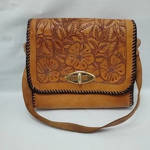 Vintage 70s Hand Tooled Leather Purse Floral Bohemian Hand Bag Hippie Flower - Picture 1 of 13