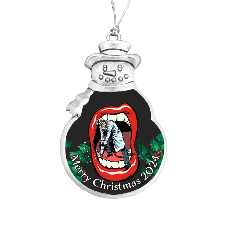 Boca de dentista divertido regalo 2024 muñeco de nieve de metal plateado feliz Navidad adorno Foto 1 de 1