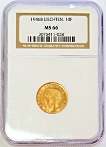 1946 B GOLD LIECHTENSTEIN 10 FRANKEN COIN NGC MINT STATE 66 - Picture 1 of 4