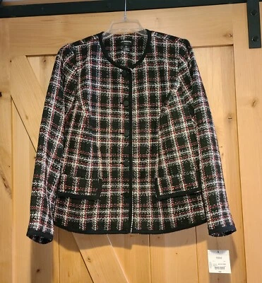 ¡NUEVO! Blazer Liz Claiborne Carrera Talla 16 Forrado Negro Rojo Blanco Tejido a Cuadros Tweed Foto 1 de 4