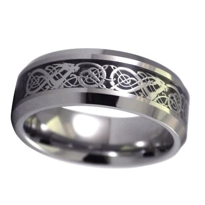 Anillo de Tungsteno Dragón Celta Negro Alianza de Boda Joyería Vikinga Tallas 6-15 Foto 1 de 3