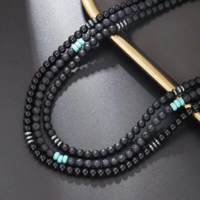 Black Matte Lava Stone Beaded Necklace Men Jewelry Femme Natural Stone Choker - Image 1 of 4