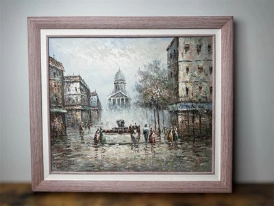 Signed Alex Paris Street Scene Original Oil On Canvas 29x25 Vintage Rare Antique - Image 1 of 4