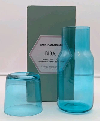 Blue Glass Jonathan Adler BIBA Bedside 25oz Carafe & 10oz Cup Set New In Box - Image 1 of 4