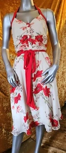 Coast Silk A-line Cream&Floral Halter neck Dress, s.12, Lined, Side Zip, Buttons - Picture 1 of 17