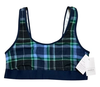 Auden Unlined Scoop Neck Bralette Blue Plaid Size M NWT - Image 1 of 3