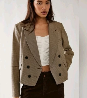 Blazer Free People Betty Talla Pequeña Chaqueta Recortada Marrón Cuadros Doble Pecho  Foto 1 de 4