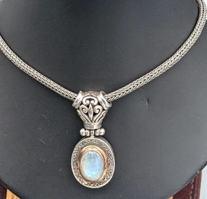 Ciondolo ovale in argento sterling 10x14 mm pietra di luna su catena intrecciata spessa ~ 31,1 g - Foto 1 di 7