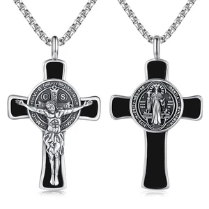 St Benedict Crucifix Necklace 925 Sterling Silver Black Onyx Saint Benedict M... - Picture 1 of 7