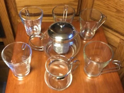 Difusor de té de vidrio, 5 tazas de vidrio, 1 crema de vidrio con asas de acero inoxidable Foto 1 de 4