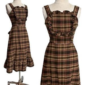 70s vintage plaid wool prairie dress ruffle cottage western sleeveless flare. - Picture 1 of 15
