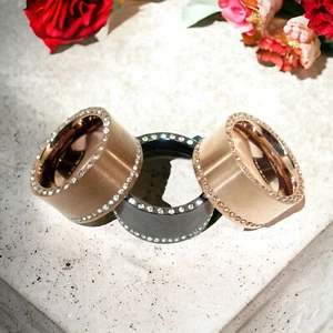Stainless Steel Rings Women 12mm Rose Brown Black with Stones Modern 2 Rows Zirconia - Picture 1 of 6