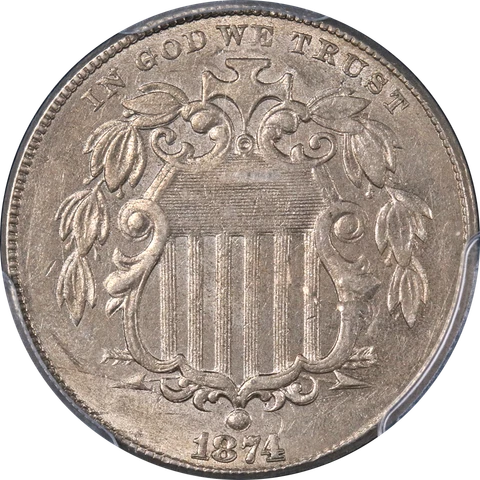 1874 Shield Nickel Doubled Die Obverse PCGS AU55 Great Eye Appeal Nice Strike Cover