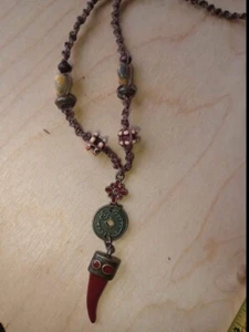 I Ching Pendant On Hemp Necklace W Mexican Lace Agate Beads And Wooden Beads - Picture 1 of 4