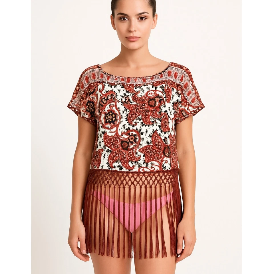 Michael Kors плавать чехол женщин Sz S красный богемное круглый вырез отпуск кисточки пляж  - Изображение 1 из 4