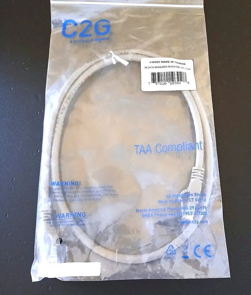 C2G 3 FEET CAT6 SNAGLESS PATCH CBL GRAY-TAA COMPLIANT--NEW-- - Image 1 of 2
