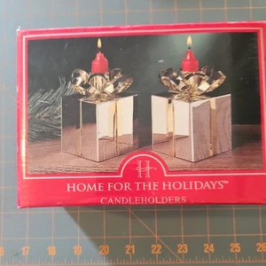 Pair Set of 2 Christmas Present Theme Silverplate & Brass Candle Holder Votive - Picture 1 of 4