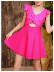 GIRLS SIZE XXL 12/14 One Piece Swim Dress Hot Pink Removable Bra Cup New - Picture 1 of 8