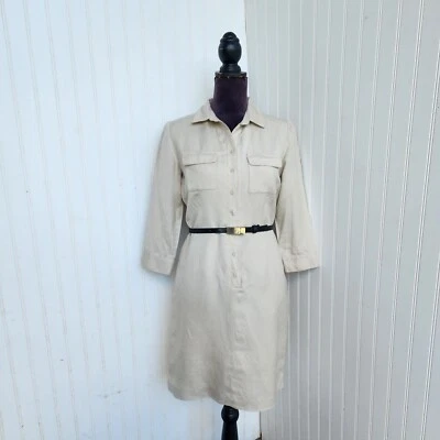 Tahari Arthur Levine Tan Beige Linen Blend Midi Shirt Dress Women's Button Sz 4 - Image 1 of 4