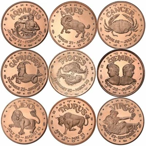 Zodiac Sign Series 1 oz .999 Pure Copper BU Round(s) - Picture 1 of 33
