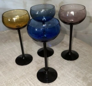 Vintage Set Of 4 Coupe Multicolored Black Stem Cordial Glasses 6” - Picture 1 of 11