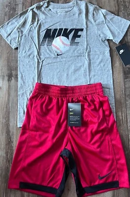 NWT Nike Boys YLG Gray/Red/Black/White BASEBALL Dri-Fit Shorts Set Large - Image 1 of 4