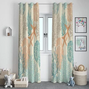 Sea Animals Window Drapes Grommet Nautical Beach Shells Satrfish Themed,Gromm... - Picture 1 of 8