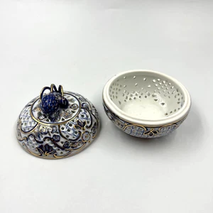 Vintage Glasierte Keramik Räuchergefäß Erdbeere Gold Blau Design Boho - Bild 1 von 9