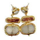 Cultured Brown Biwa Pearl Lemon Quartz Gold Plated Edge Stud Earrings