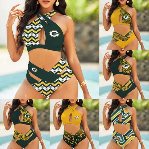 Green Bay Packers Women’s Front Cross Swimsuit Halter Neck High Waist Bikini Cover