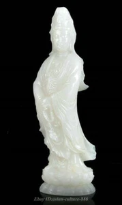 100% Natural China White Jade Carved Guan Yin Goddess Boddhisattva Buddha Statue - Picture 1 of 9