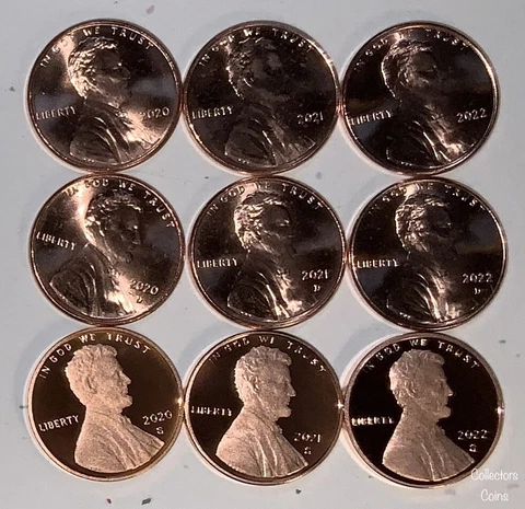 2020, 2021 & 2022 Nine Coin Lincoln Cent PDS Set wUncirculated PD & Proof S Cover