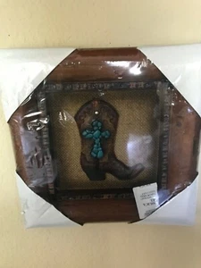 WESTERN RUSTIC Boot With Turquoise Stone Cross on Burlap Rustic Frame - Picture 1 of 2