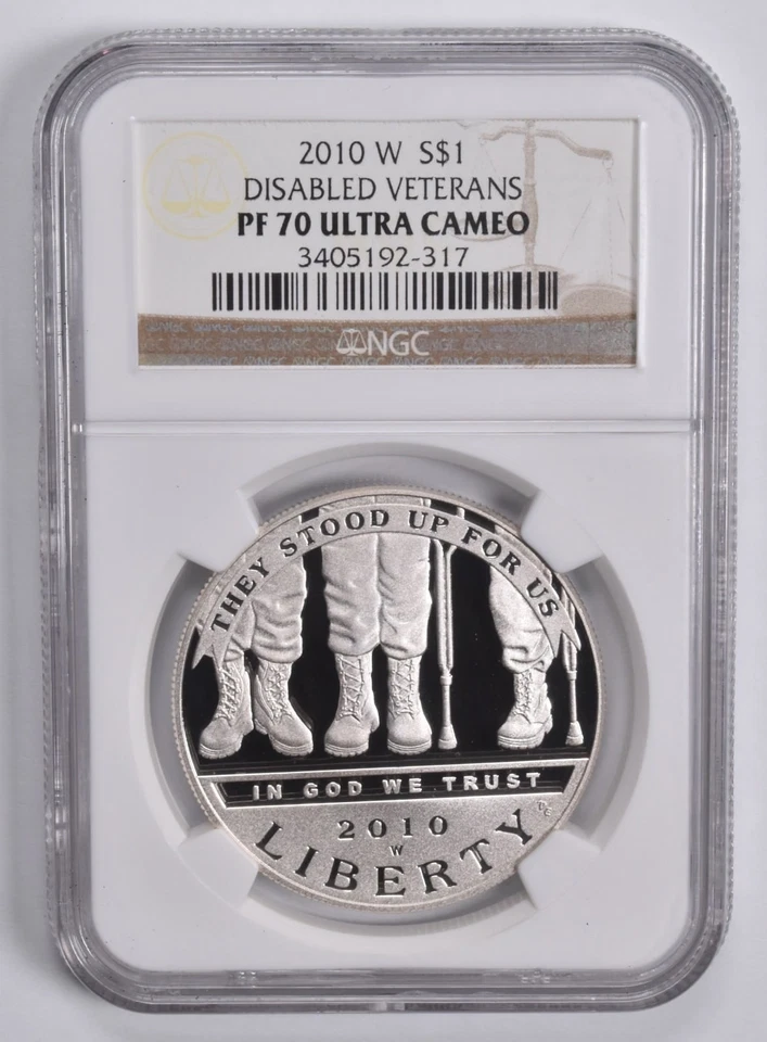 PF70 2010-W UCAM Disabled Veterans Commem. Silver Dollar $1 NGC Brown Lbl *6690 - Image 1 of 4