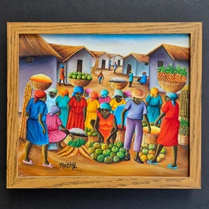 Vintage Roland Cajuste 1984 Haitianische Volkskunst Marktszene Ölgemälde auf Leinwand - Bild 1 von 6