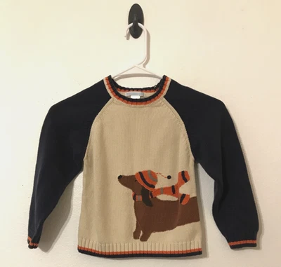 Janie and Jack Sweater Size 5T Boys 100% Cotton Dog Dachshund Scarf Hat Winter - Image 1 of 4