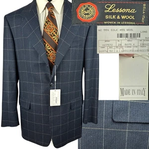NWT Lessona Blazer Wool Silk Full Canvas 44L EU 52L Blue Check 3 Roll 2 - Picture 1 of 19